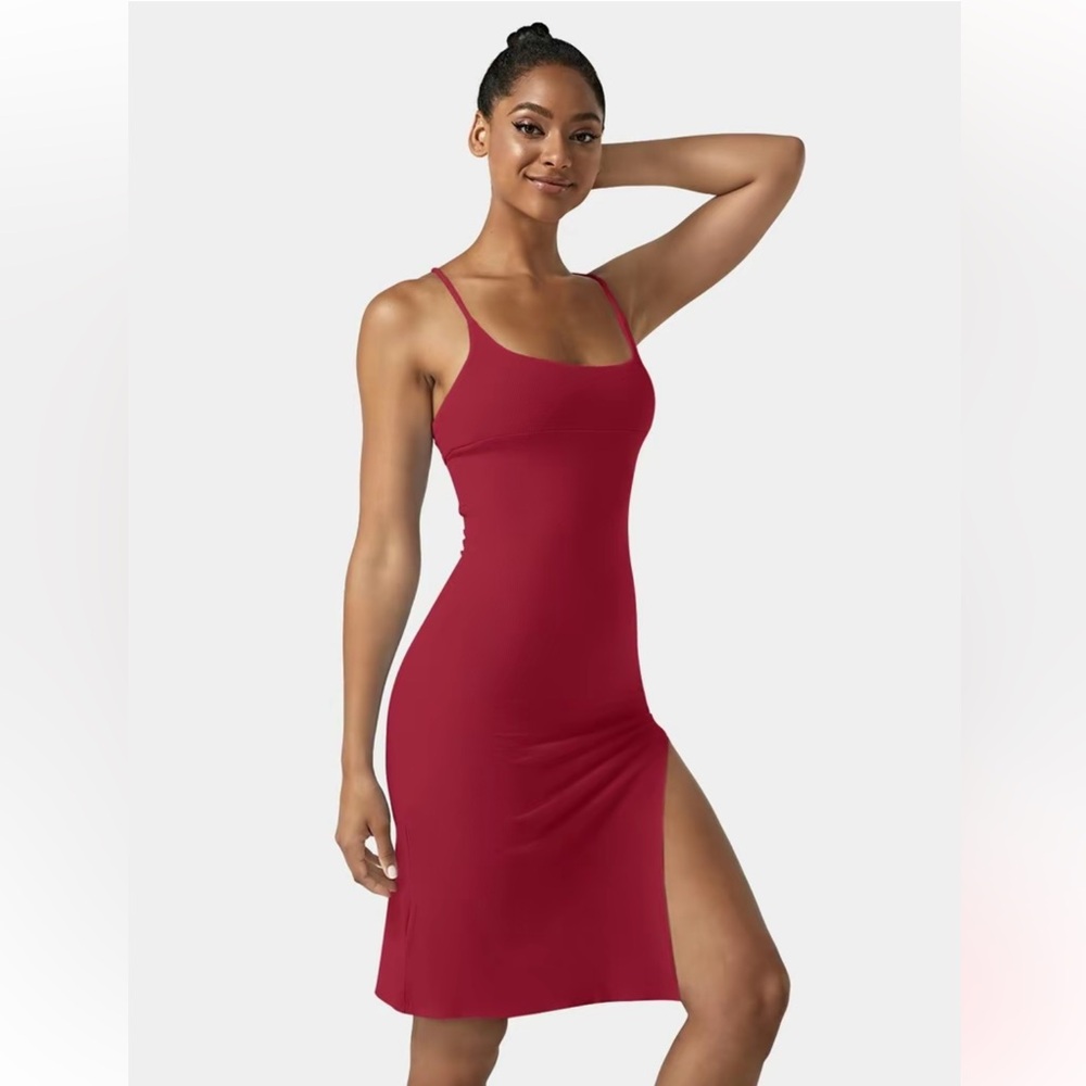 Halara bodycon strappy midi slit dress in Tibetan red
